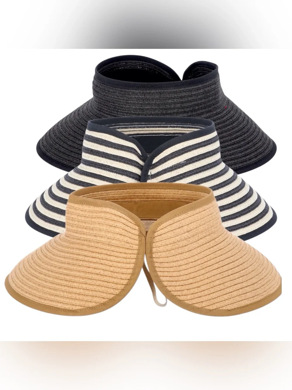 Pack of 3 Women's Wide Brim Packable straw Visors Tan, black Stripe & Black NWT